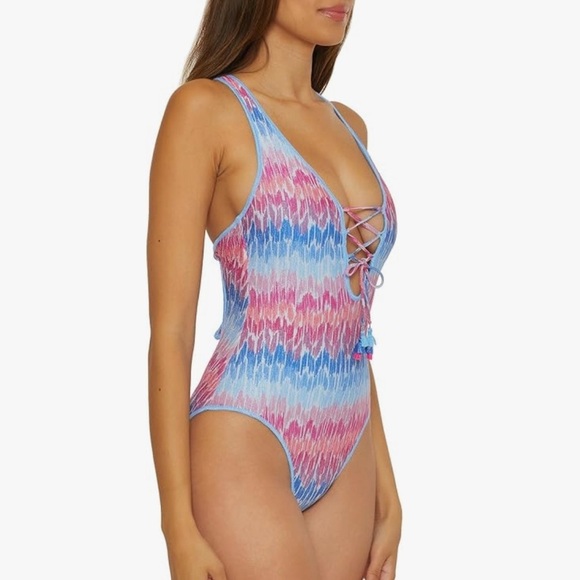 New BECCA Women’s Joshua Tree One Piece Swimsuit Plunge Neck Corset Size Large - Picture 3 of 9